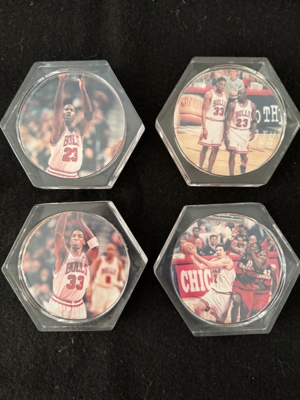 Four Vintage Acrylic Chicago Bulls Coasters Michael Jordan Pippen